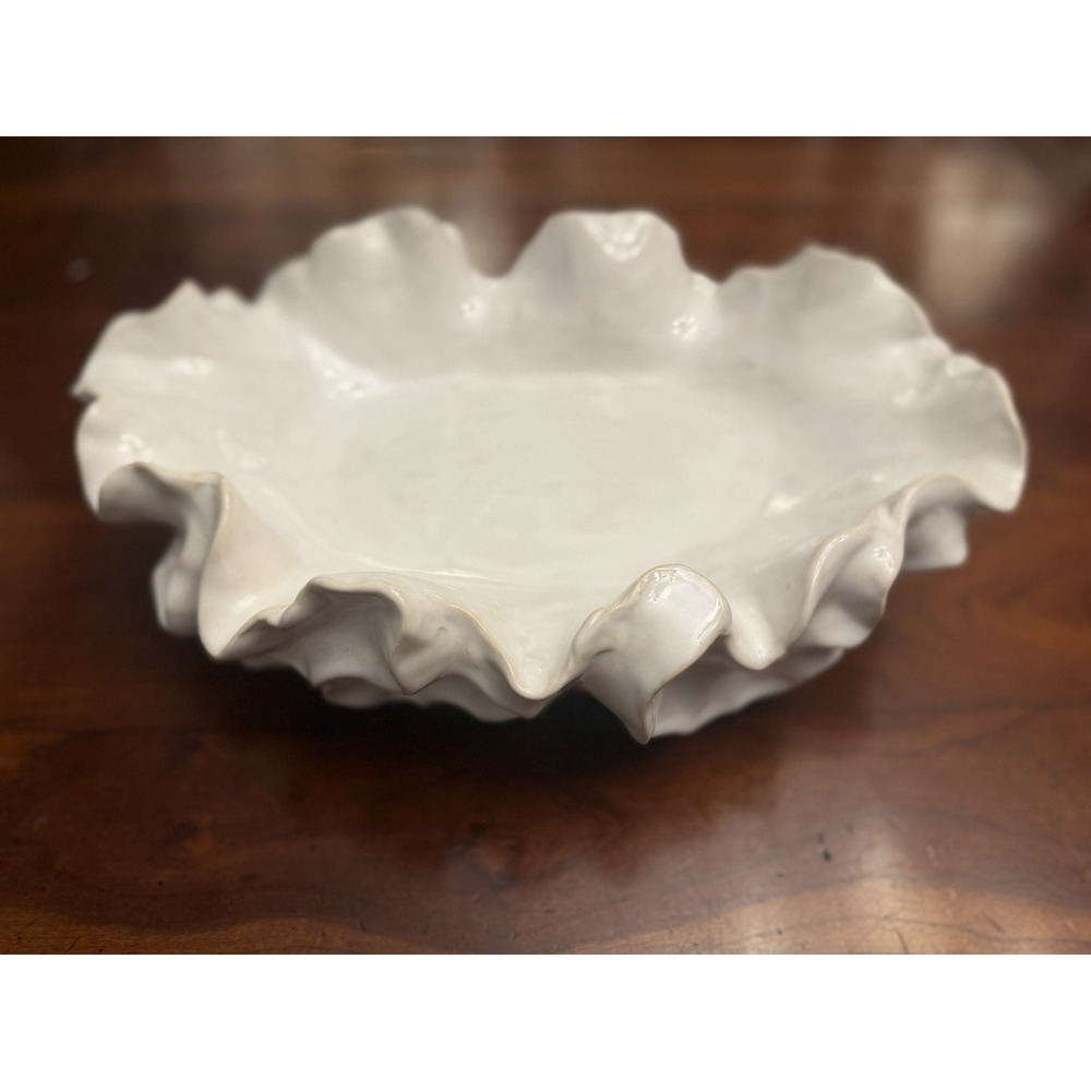 Three Hands Corp. White Ruffled Ceramic Decorative Bowl Centerpiece – Item 01004